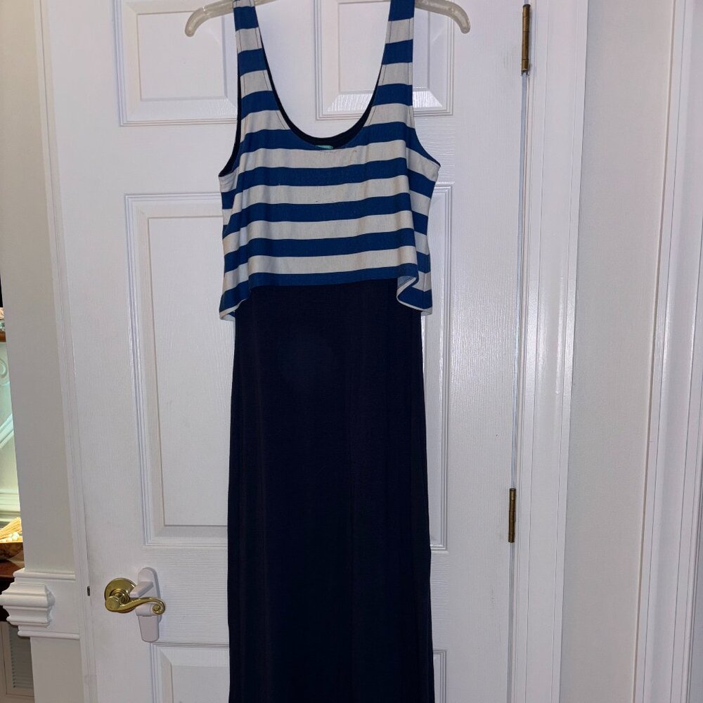 August Salt Navy with blue and white stripe flounce top maxi dress size Small